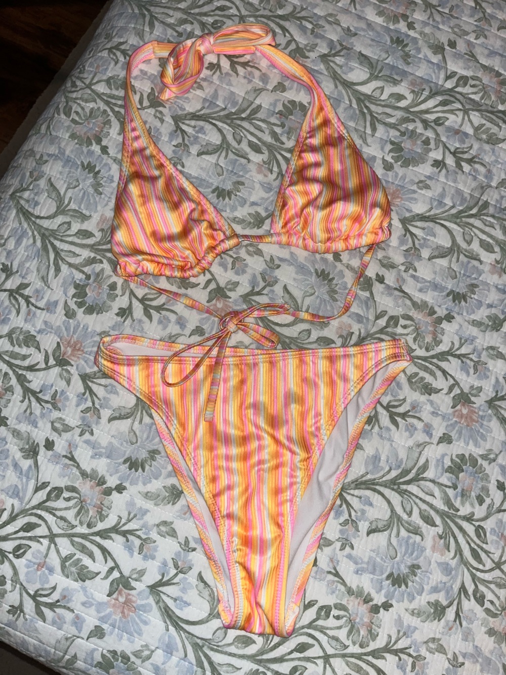 wild fable Pink & Yellow Striped Ribbed Tie-Side Bikini